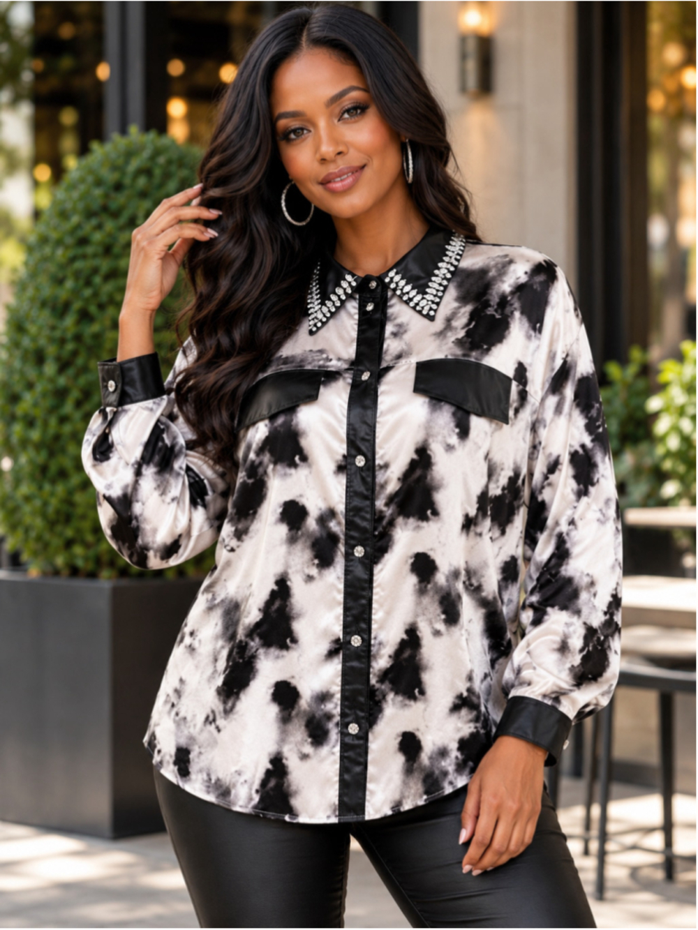 New Galita Bedazzled Animal Print Button-Down Blouse – Size Large (L)